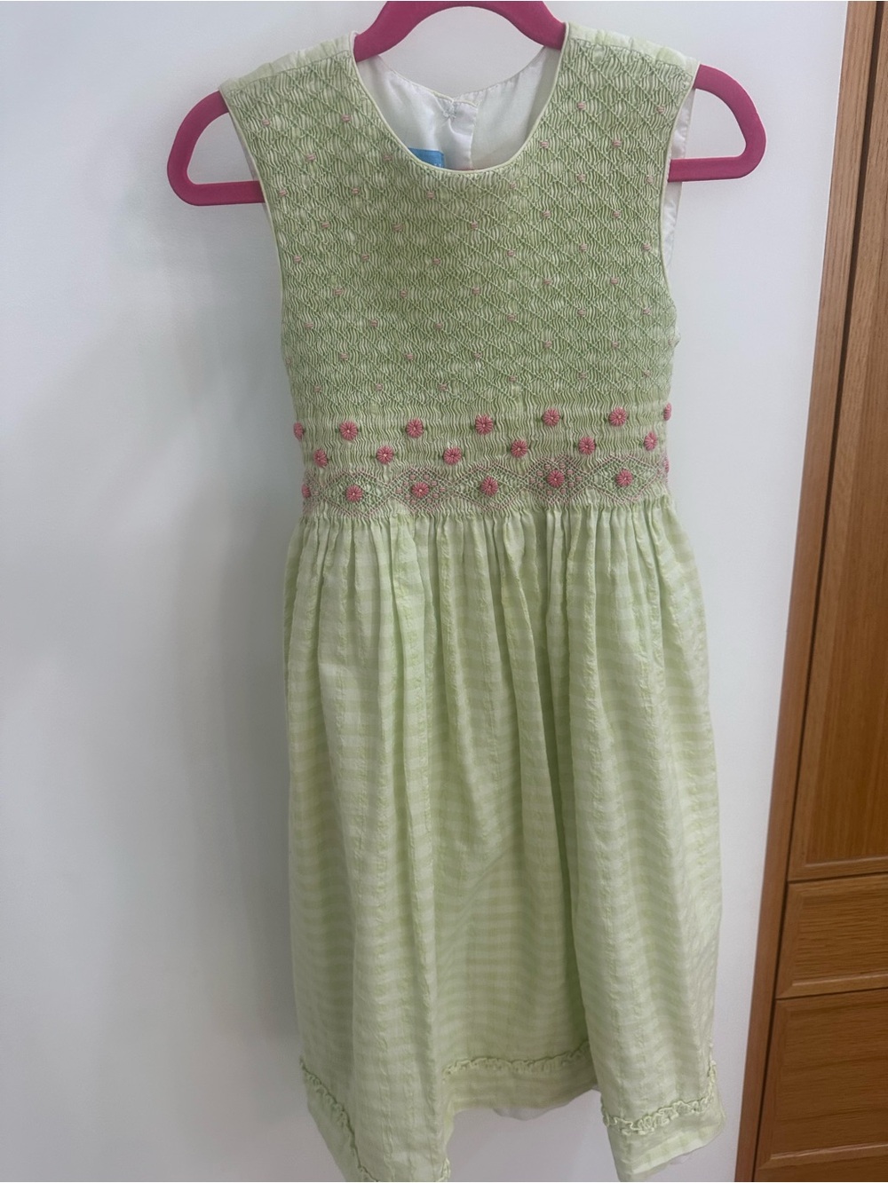Anavini Light Green Sleeveless Girls' Dress with Pink Embroidery, Size 7